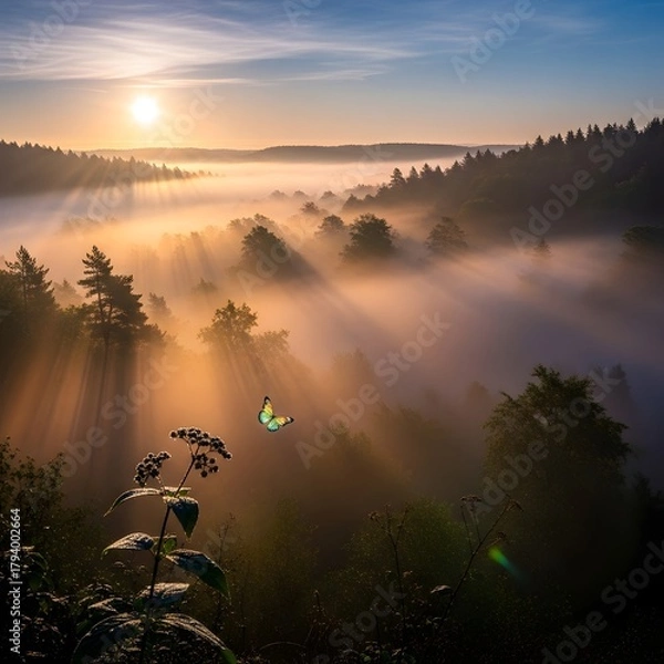 Fototapeta Beautiful sunrise over a misty forest landscape with sun rays piercing through the trees and a butterfly in the foreground, creating a serene and enchanting scene