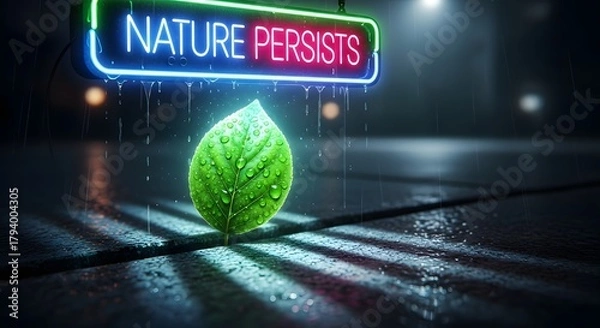 Fototapeta A vibrant green leaf with water droplets resting on a wet surface beneath a neon sign that reads 'Nature Persists' in bright colors, emphasizing environmental resilience and sustainability