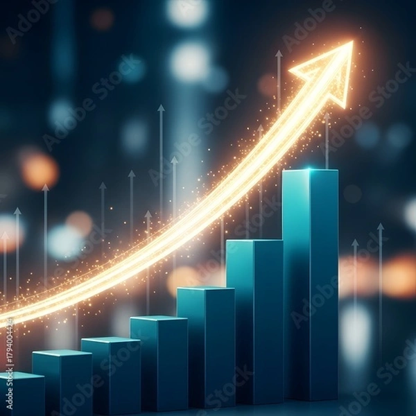 Fototapeta A digital illustration of a rising bar graph with an upward arrow symbolizing growth and success in business or finance