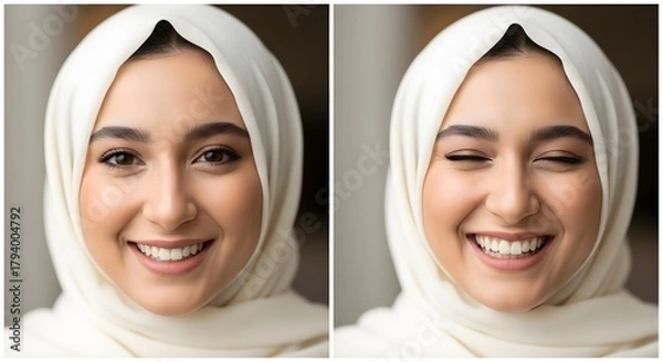 Fototapeta Close-up of a smiling young woman wearing a white hijab, showcasing happiness and confidence with a friendly expression and bright eyes