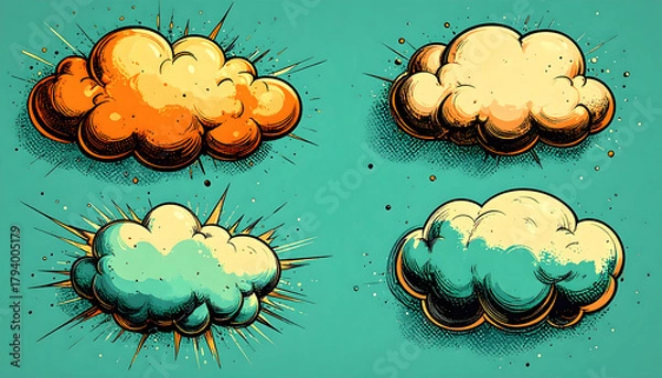 Obraz Vibrant cartoon explosion clouds and stylized smoke effects set in a dynamic pop art style, perfect for comic book designs and energetic visual projects