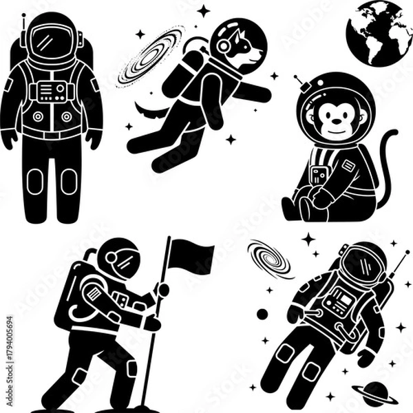 Obraz Astronauts and Space Animals Black and White Icon Set