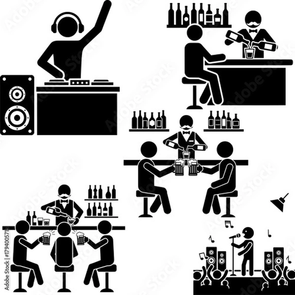 Obraz Stick Figures of DJ, Bartender, and Party People Vector