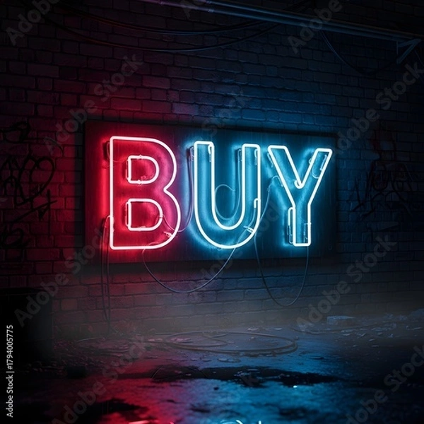 Fototapeta A vibrant neon sign displaying the word 'BUY' in red and blue colors against a dark brick wall background, creating a modern and eye-catching visual effect