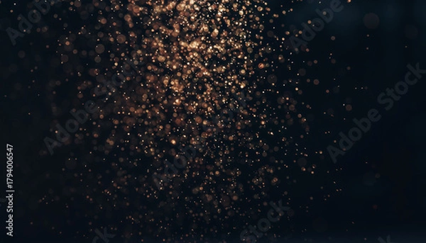 Fototapeta Abstract dark background with shimmering golden particles creating a magical and ethereal bokeh effect.