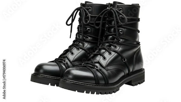Fototapeta Pair of high-top leather lace up boots shown against a solid dark background