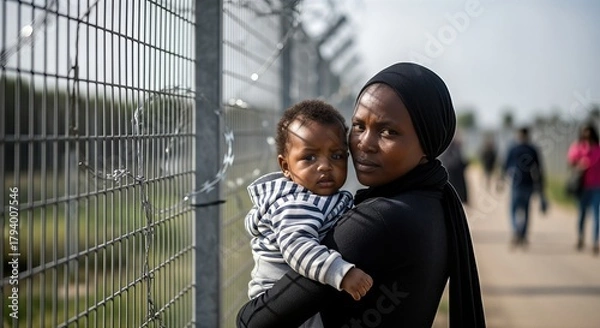 Fototapeta Mother holding infant, standing near border fence, expressing concern and resilience, surrounded by migrants, illustrating human grief and the refugee experience