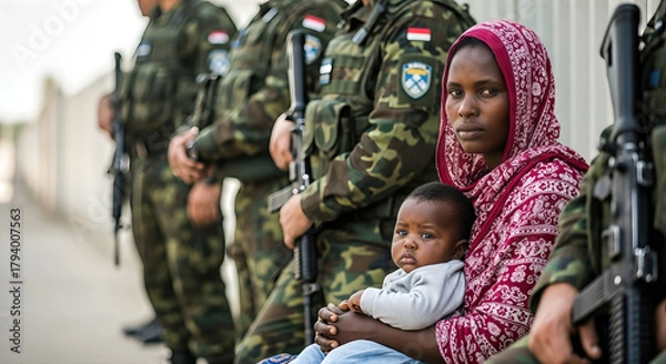 Fototapeta African woman holding baby, seated on ground, surrounded by armed soldiers in camouflage uniforms, conveying the emotional weight of migration and human grief in a tense border environment