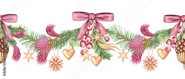 Fototapeta Seamless border with sparkling Christmas ornaments and pink bow. Hand drawn watercolor pine branches with pencil texture. Festive garland in gold and green perfect for frame and holiday card design.