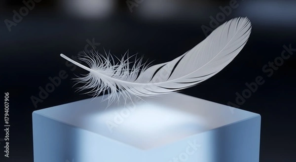 Fototapeta A close-up image of a delicate white feather resting on a smooth, illuminated surface against a dark background, highlighting its intricate details and soft texture