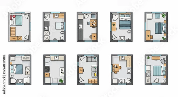 Obraz Overhead view of various small apartment floor plans, showcasing furniture arrangements and room layouts.
