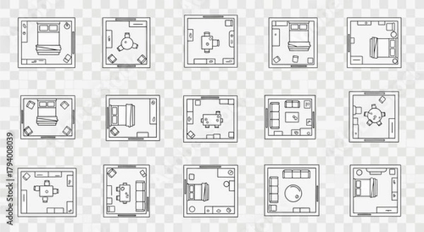 Obraz Collection of minimalist top-down outline drawings illustrating various furnished room layouts for interior design.