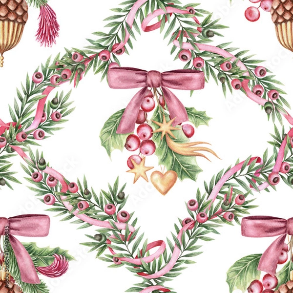 Fototapeta Seamless pattern with sparkling Christmas ornaments in rhombus shape twig with pink ribbon on white background. Textured hand drawn watercolor. Aesthetic festive design for textile and wrapping paper.