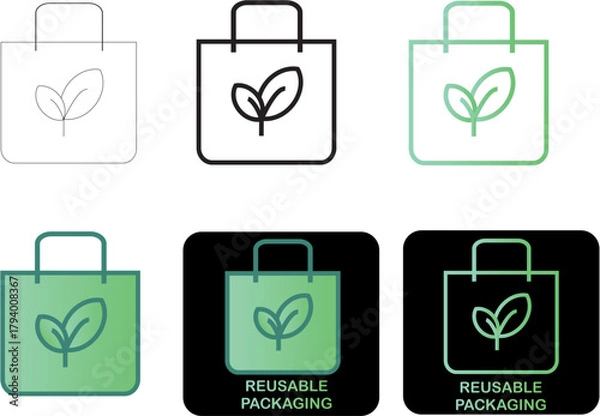 Fototapeta Eco-Friendly Reusable Packaging Icons with Leaf Design in Gradient Style