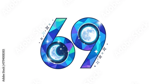 Fototapeta Stylized numerals six and nine incorporate luminous celestial bodies within a vibrant geometric design set against a dark background