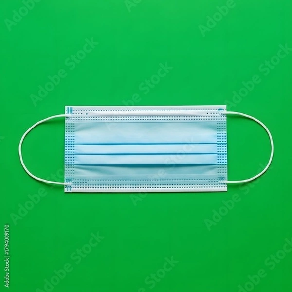 Fototapeta A single disposable blue face mask with ear loops lying flat on a vibrant green background, symbolizing health and safety measures during a pandemic or health crisis