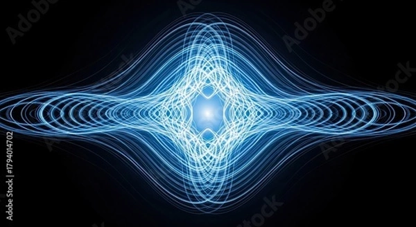 Fototapeta Abstract symmetrical glowing blue light wave pattern forming an intricate symmetrical shape isolated on transparent background
