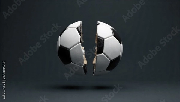Obraz Abstract Soccer Ball Halves Two stylized, abstract, geometric halves of a soccer ball, rendered in clean, polished white, suspended and subtly interacting in a minimalist studio environment. Focus on