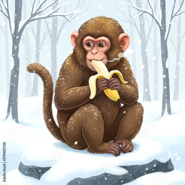 Fototapeta Monkey in Winter Eating a Banana, Illustration