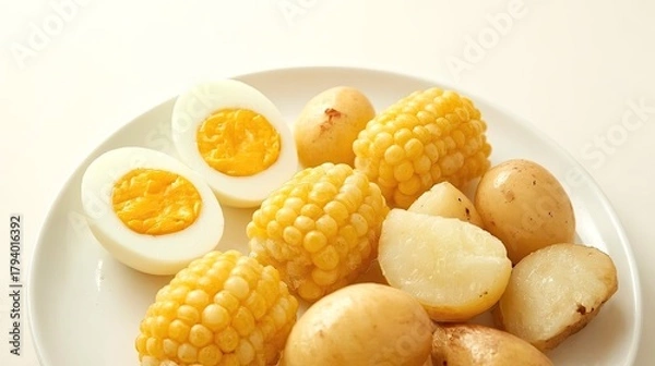 Obraz Delicious Boiled Egg, Corn, and Potato Meal on a White Plate A Healthy Food Spread
