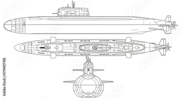 Obraz A detailed technical line drawing of a military submarine from side, top, and front orthographic views.