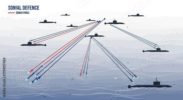 Obraz Diagram illustrating sonar defense strategy, depicting submarines and their detection capabilities in the ocean.