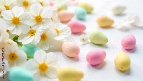 Fototapeta A scattering of pastel colored Easter egg candies and spring blossoms on a clean white background, representing Easter joy. A minimalist studio shot featuring a scattering of soft pastel colored