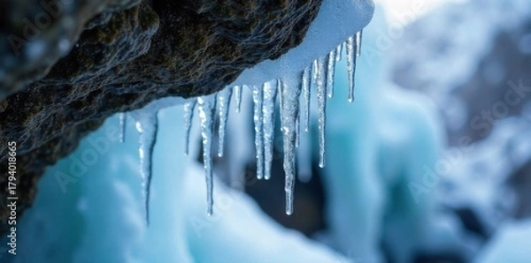 Fototapeta Icicles hanging from a rocky overhang in a frozen waterfall, with subtle blue light. A macro shot focusing on a cluster of long, delicate icicles hanging from a rough, rocky overhang near a frozen