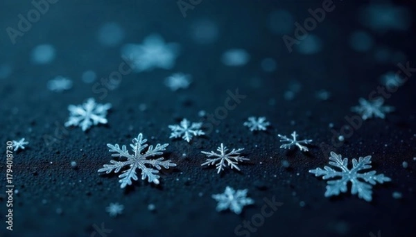 Obraz Midnight Sparkle Dark, moody background with scattered, sharply defined snowflakes, creating a dramatic and festive winter night feel. Sharp, glistening snowflakes with intricate crystalline details