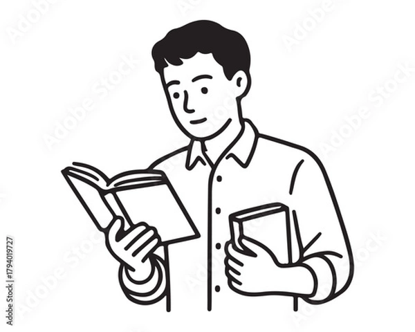 Fototapeta Young man engrossed in reading a captivating novel, holding another book, lost in its pages, perfect for education, leisure, or a thoughtful moment