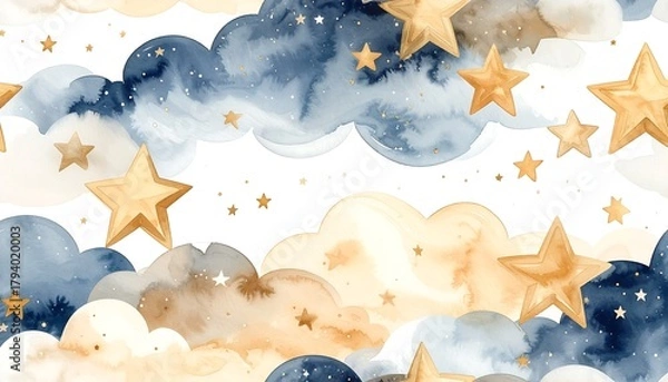 Fototapeta Dreamy Watercolor Sky with Golden Stars and Clouds.