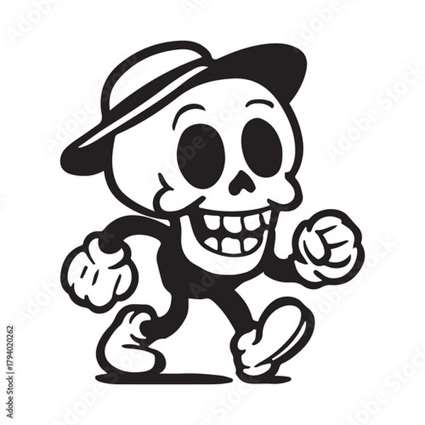 Fototapeta Cartoon skeleton character wearing a hat and shoes in black and white, perfect for Halloween designs or spooky promotions, adding a fun retro vibe