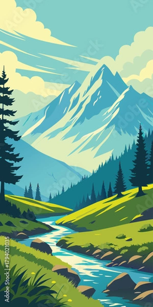 Obraz Mountain landscape with stream and pine trees