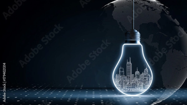 Obraz Creative Concept of a City and Digital Data Inside a Light Bulb