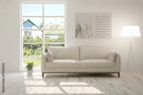 Fototapeta Idea of white room with sofa and summer landscape in window. Scandinavian interior design. 3D illustration