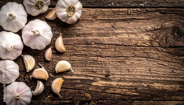 Fototapeta Fresh Garlic Bulbs and Cloves on a Rustic Wooden Background.