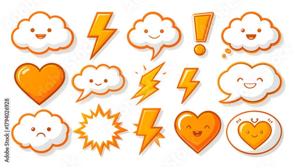 Obraz Set of cute cartoon weather and communication stickers featuring smiling clouds, lightning bolts, and happy hearts in a vibrant orange palette