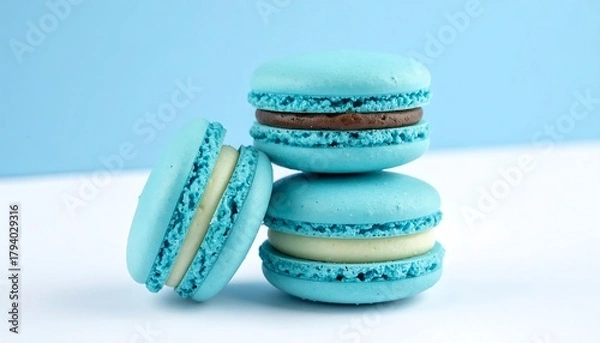 Fototapeta Delicious blue macarons stacked with different fillings, tasty dessert.