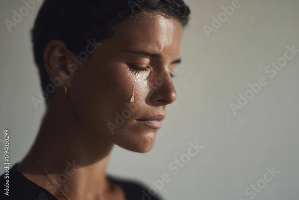 Fototapeta young woman with closed eyes and single tear on her cheek is captured in moment of deep contemplation