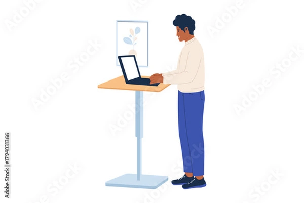Fototapeta Illustration of Man Working at a Standing Desk. An illustration of a man working on his laptop at a standing desk, representing the trend towards ergonomic