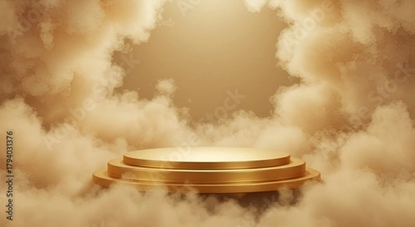 Fototapeta An ethereal golden platform is presented amid the soft swirls of abstract smoky clouds.