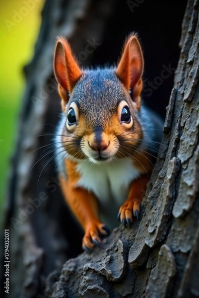 Fototapeta A fluffy gray squirrel peeking from a hollow in an ancient oak tree, sunlight dappling its fur in a serene forest setting. A close up, eye level shot of a fluffy gray squirrel peeking its head and