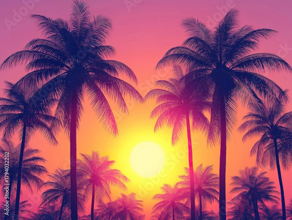 Fototapeta Palm Tree Shadows Set Against a Glowing and Colorful Dusk Sky