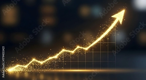 Fototapeta A glowing golden arrow chart rising upward on a grid background representing growth and progress in a financial or business context
