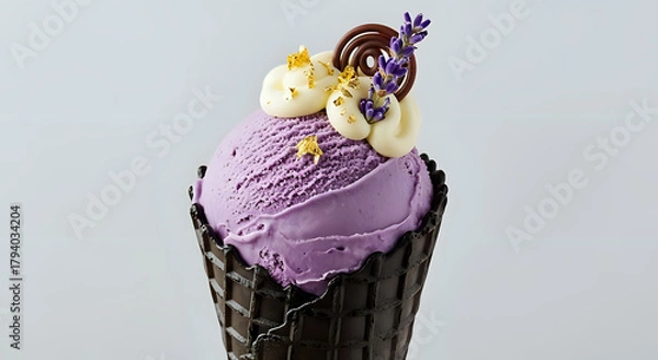 Fototapeta Indulge in lavender ice cream in a dark chocolate cone with beautiful cream and delicate edible gold leaf, a delightful culinary experience and a sweet treat