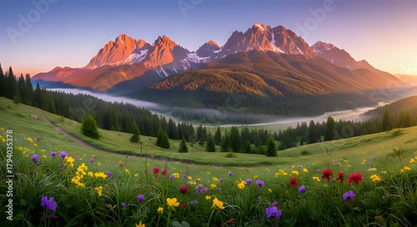 Fototapeta Breathtaking mountain vista with wildflowers in full bloom at sunrise, perfect for travel, adventure, and nature inspiration, a serene escape