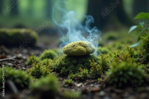 Obraz Subtle mineral steam hovering over a tranquil, ancient forest floor with mossy rocks. Subtle, low lying mineral steam hovering over an ancient forest floor with moss covered rocks and decaying logs.