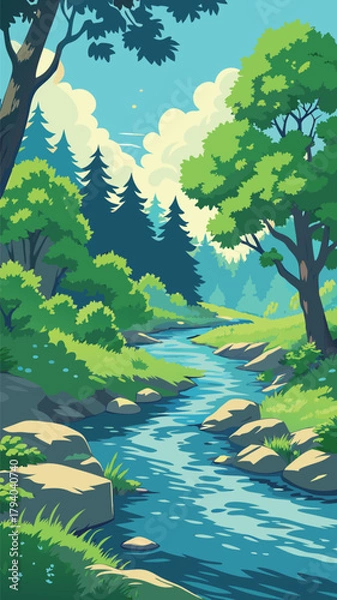 Fototapeta Forest stream with rocks and trees