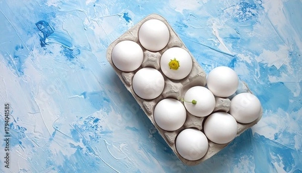 Fototapeta Fresh white eggs in a carton on a blue surface.