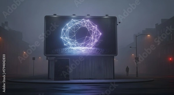 Obraz A large outdoor digital billboard displaying a glowing geometric shape with interconnected lines and nodes in a foggy urban environment at night